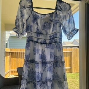 Blue and White Puff Sleeve Sundress for Prom